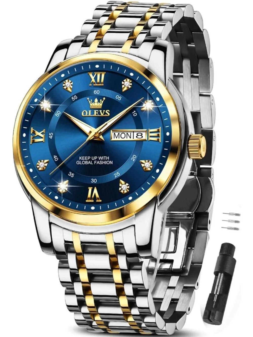Men's Silver Blue Stainless Steel Luminous Quartz Waterproof Round Classic Watch